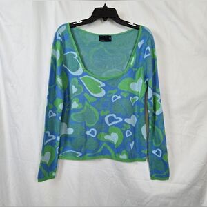 ASOS DESIGN Women's Blue Green Wavy Heart Square Neck Long Sleeve Knit Top Sz 12